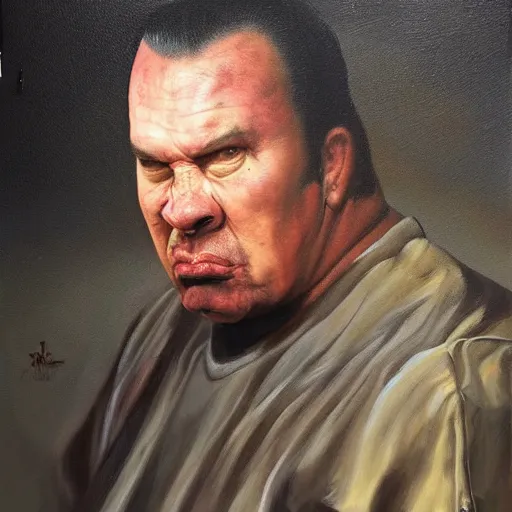 Image similar to Oil painting by Christian Rex Van Minnen of a portrait of an extremely bizarre disturbing mutated steven seagalwith intense chiaroscuro lighting very detailed insanely creepy perfect composition