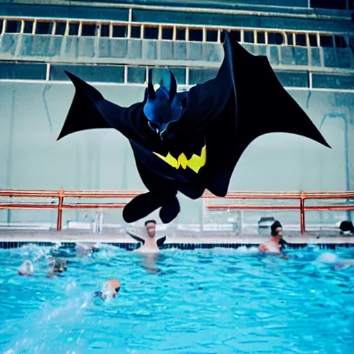 Image similar to batman doing a dive in the local pool