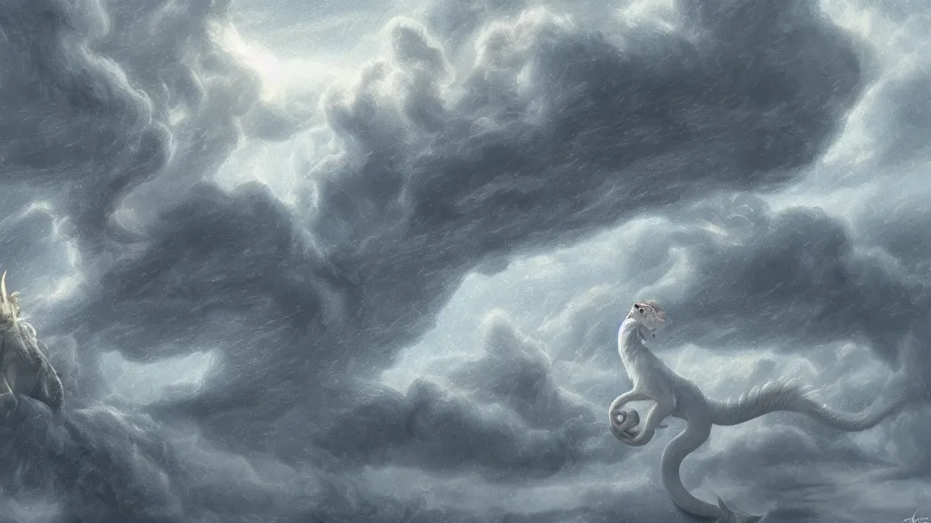 Image similar to falcor the long - bodied luck dragon flying through an epic storm called the nothing. the neverending story. rutkowski. melancholy undertones. deviantart. artstation. 3 8 4 0. 2 1 6 0.