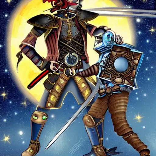 Image similar to steampunk warrior dueling a knight, space, fiery, galaxy, war