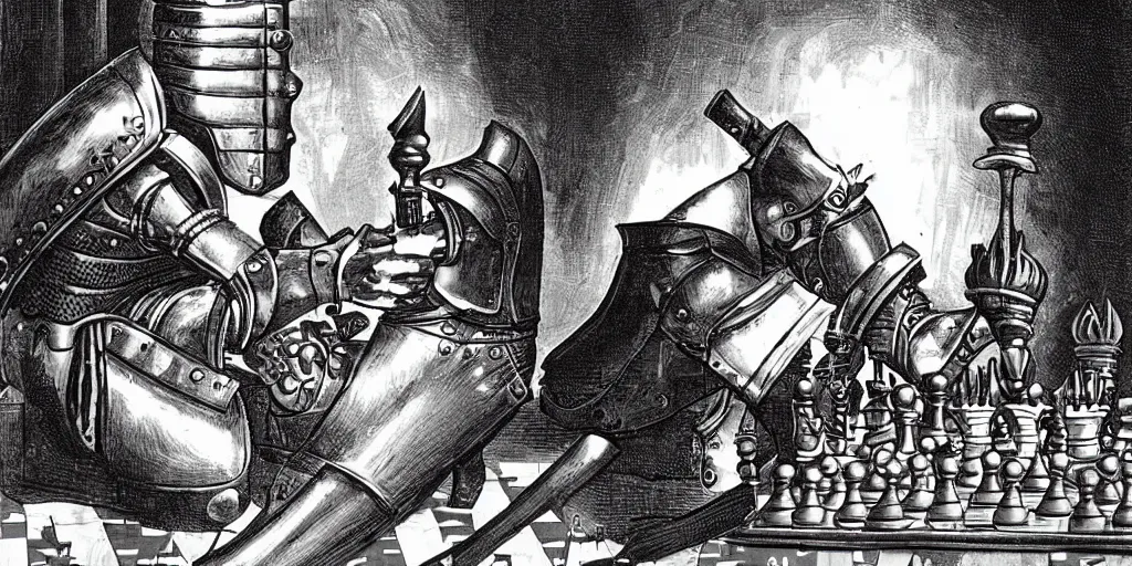 Image similar to medieval knight playing chess against futuristic cyborg