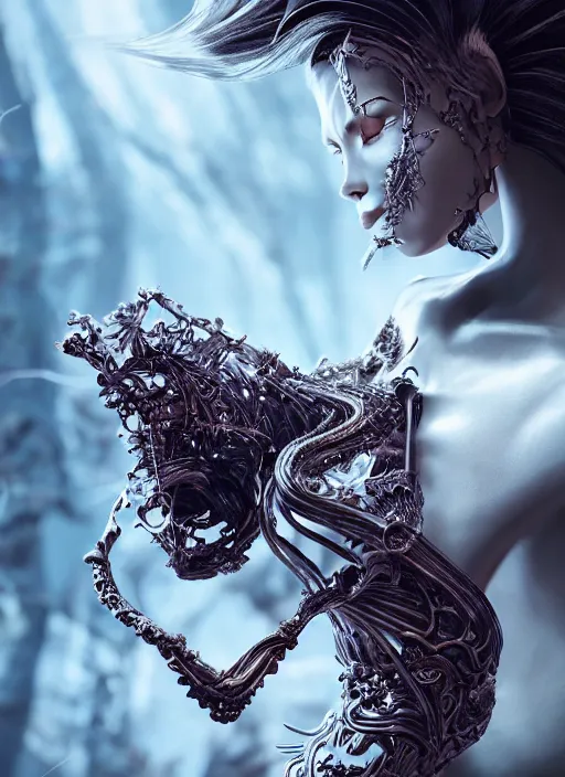 Image similar to stunning biomechanical impish incredible hair, masterpiece crystalline incrustations, hyperdetailed face, elegant pose, movie still, intricate, octane render, cinematic forest lighting, cgsociety, unreal engine, crepuscular rays, god rays