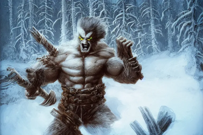 Prompt: berserker wolverine in a lapland cannon snow covered trees volymetric light ethereal dusk by noah bradley and john howe