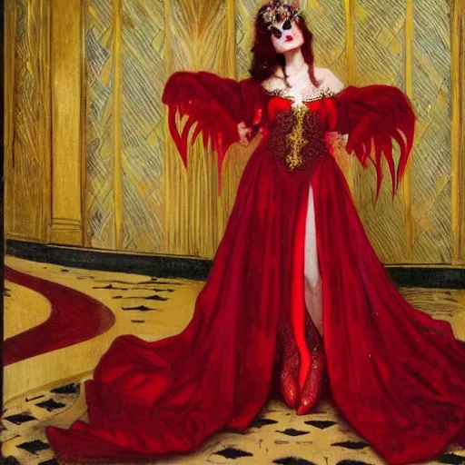 Image similar to an ultra - realistic portrait of a vampire queen in an ostentatiously beautiful blood red dress with gold trim and a long leg slit, 4 k, a masquerade ball in the background with other guests out of focus, sharp focus, detailed face, art by john collier and albert aublet and krenz cushart and artem demura and alphonse mucha