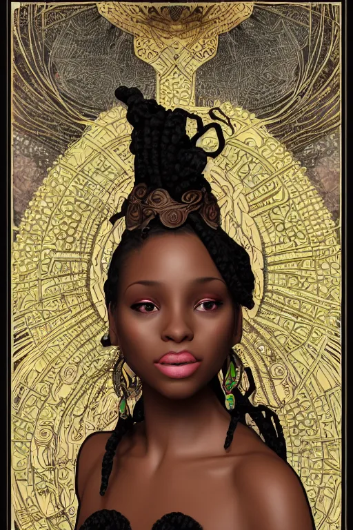 Prompt: beautiful black woman with gorgeous beaded dreadlock hairstyle, as seen on artgerm, octane render, in the style of alphonse mucha, ultra realistic, highly detailed, 8 k