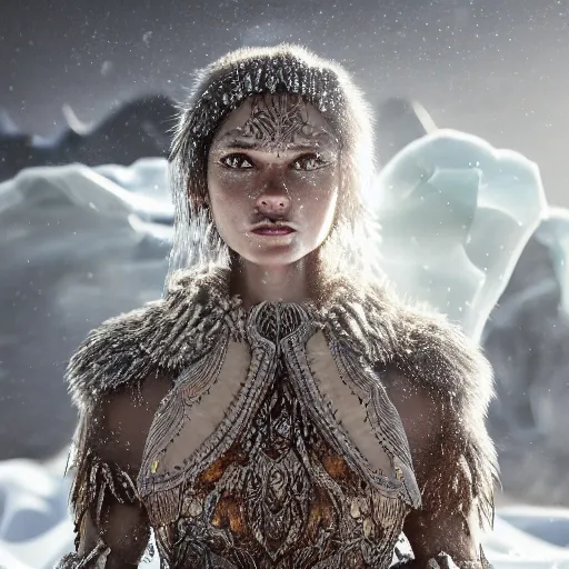 Image similar to a regal brown woman wearing an intricate and detailed armor made of ice. ice caves. glaciers. dramatic shadows. reflections. morning dew. textures. delicate. translucent. studio portrait. photorealistic. octane render