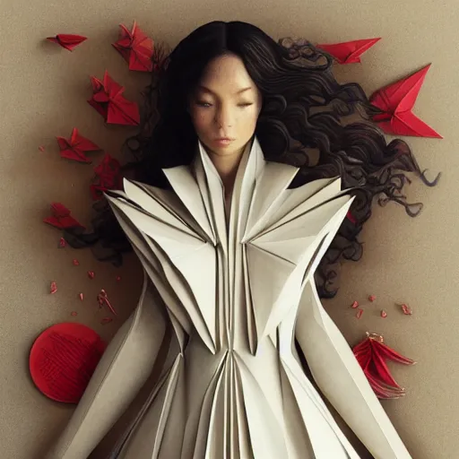 Prompt: 3 / 4 view of a beautiful girl wearing an origami dress, elegant, by esao andrews, by eiko ishioka, givenchy, by peter mohrbacher, centered, high depth of field, origami, detailed fashion illustration, vogue, japanese, reallusion character creator