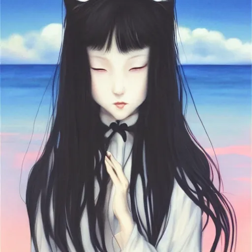 Image similar to young vampire and her black cat Portrait by Miho Hirano, full body ,manga, realistic, detailed, white, light pink tonalities, beautiful collage technique including clouds, sea, wind, ornate sea background, beautiful Fantasy detailed trending on artstation, oil painting,Dramatic lighting, eterea , high quality print, fine art with subtle redshift rendering