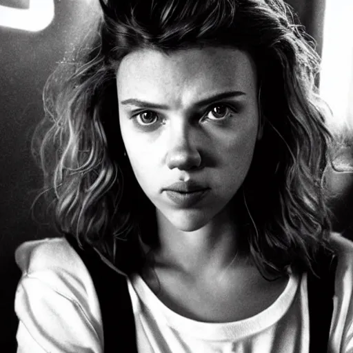 Prompt: “ scarlett johansson portrait, stranger things character, 8 0 s, neon, high school, student, vhs, arcade, fiction, steven spielberg, supernatural ”