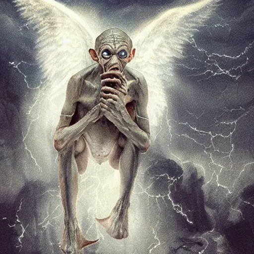 Prompt: gollum with angel wings flying with cig in mouth, thunderstorm, rain, sad,