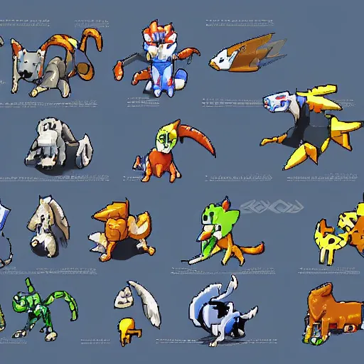 Prompt: Digimon inspired animals orthographic isometric 16-bit sprite sheet