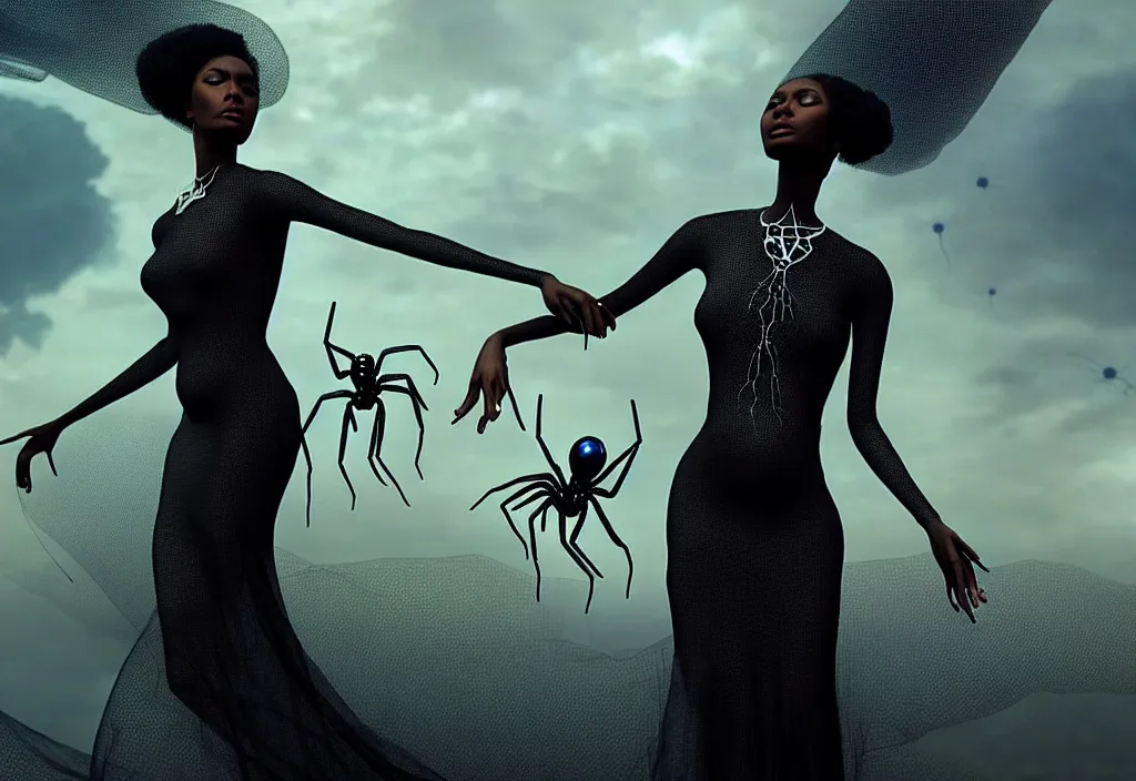 Image similar to realistic detailed portrait movie shot of a beautiful black woman in a transparent sheer fabric dress dancing with a giant spider, futuristic sci fi landscape background by denis villeneuve, monia merlo, yves tanguy, ernst haeckel, alphonse mucha, max ernst, caravaggio, roger dean, sci fi necklace, masterpiece, dreamy, rich moody colours