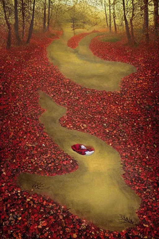 Image similar to immaculate painting of A Beautiful fine detailed gold and red and black Forest Illusion by erik johansson micro detailing