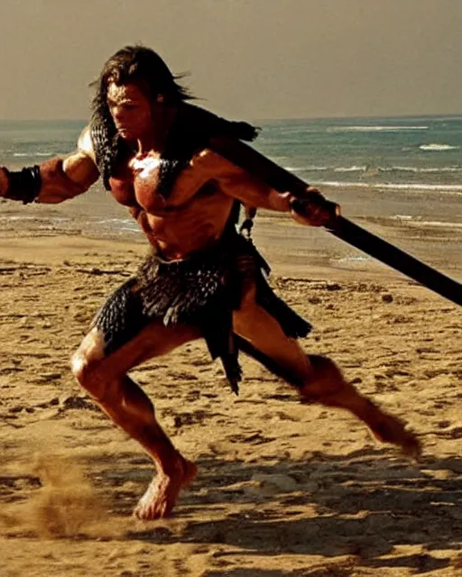 Image similar to spartan warrior sprinting on beach, epic award winning action cinematic still from the movie 3 0 0, muscles,