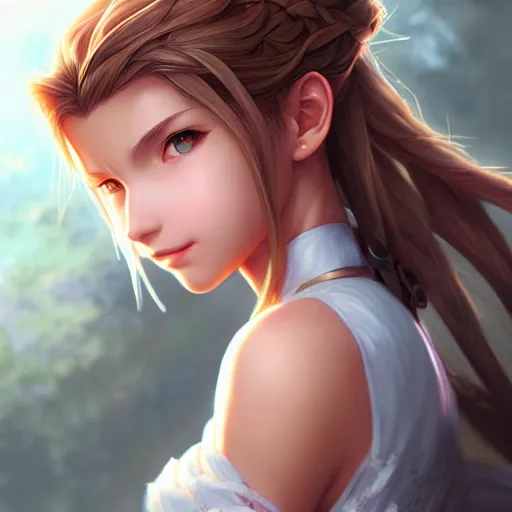 Image similar to portrait of aerith from final fantasy by Stanley Artgerm Lau, WLOP, Rossdraws, James Jean, Andrei Riabovitchev, Marc Simonetti, and Sakimichan, trending on artstation