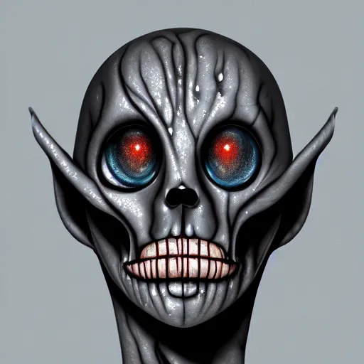 Image similar to viscuous liquid dripping from a cancerous alien face in a futuristic grey environment