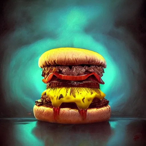 Image similar to photorealistic demonic cheeseburger in the style of michael whelan and gustave dore. hyperdetailed photorealism, 1 0 8 megapixels, amazing depth, glowing rich colors, powerful imagery, psychedelic overtones, 3 d finalrender, 3 d shading, cinematic lighting, artstation concept art