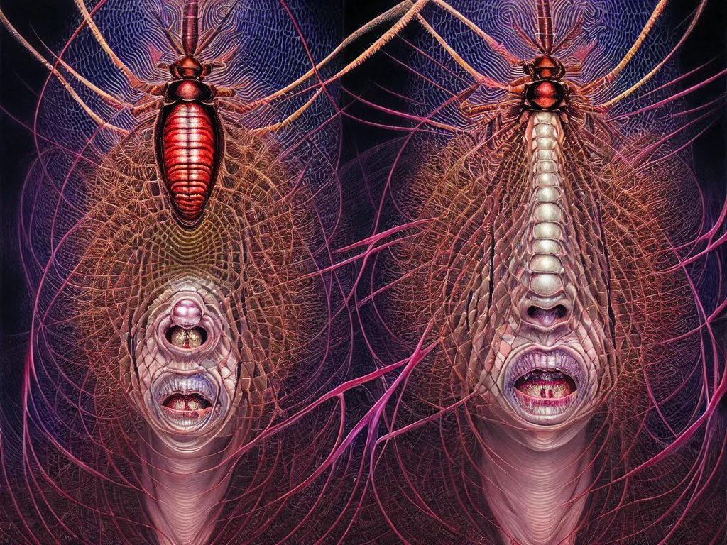 Prompt: realistic detailed image of a big cockroach travelling through 5 th dimensional outer psychedelic hyperspace by alex grey, by ayami kojima, amano, karol bak, neo - gothic, gothic, rich deep colors. beksinski painting, from a movie by david cronenberg. art by takato yamamoto. masterpiece.