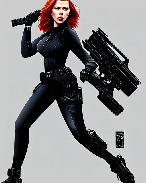 Prompt: Scarlett Johansson Black Widow, full body action pose, highly detailed, digital painting, artstation, concept art, smooth, sharp focus, illustration