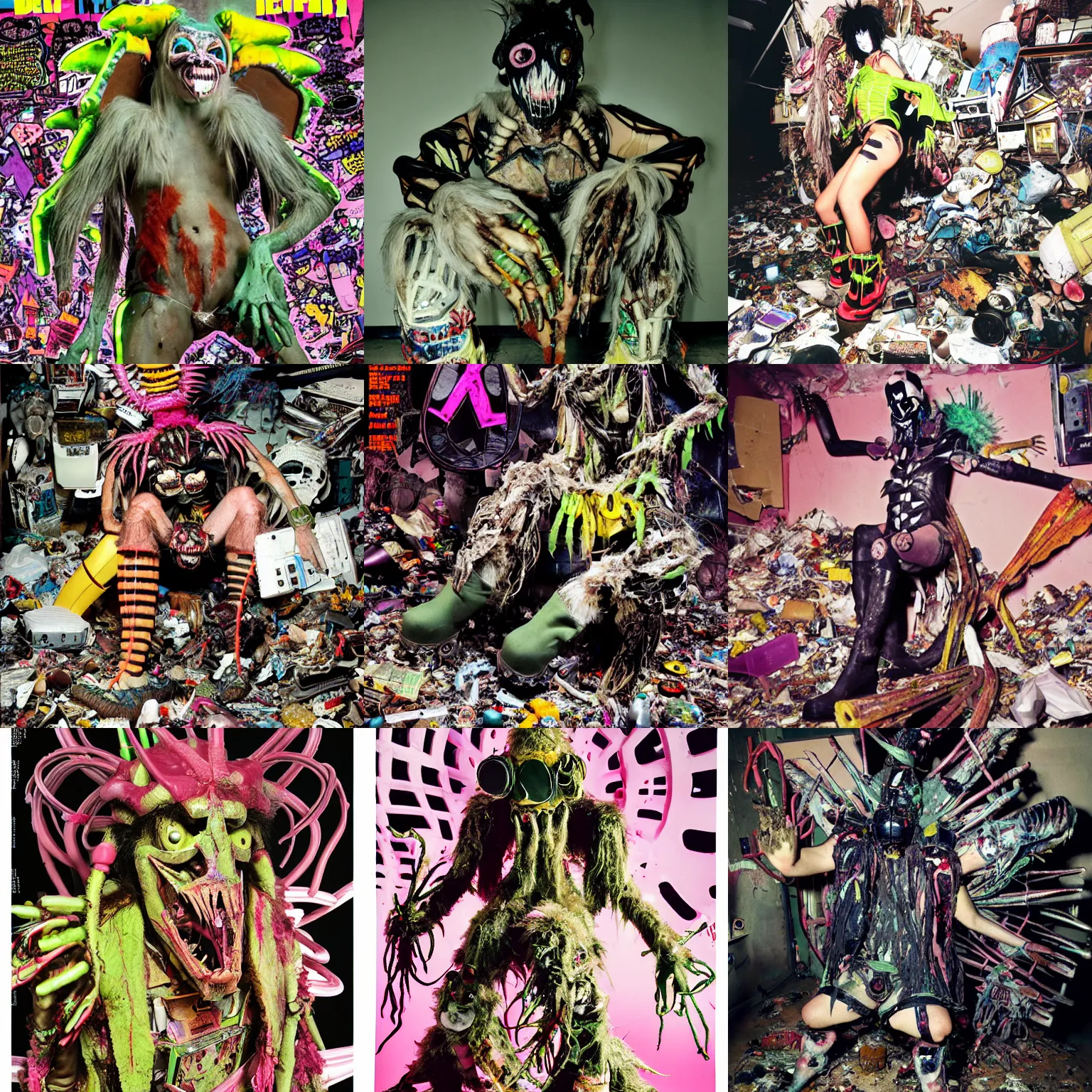 Prompt: photo of insectoid mutant wearing ripped up dirty Swear kiss monster teeth yeti platform boots in the style of Rammellzee Garbage Gods in the style of 1990's FRUiTS magazine 20471120 in japan in a dirty dark dark dark poorly lit bedroom full of trash and garbage server racks and cables everywhere in the style of Juergen Teller in the style of Shoichi Aoki, japanese street fashion, KEROUAC magazine, magazine 1990's, Vivienne Westwood, y2K aesthetic