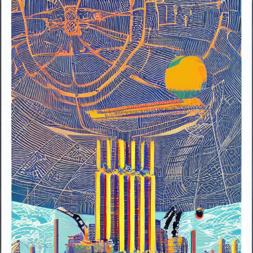 Prompt: illustrated, screen print, poster of Expo 2064