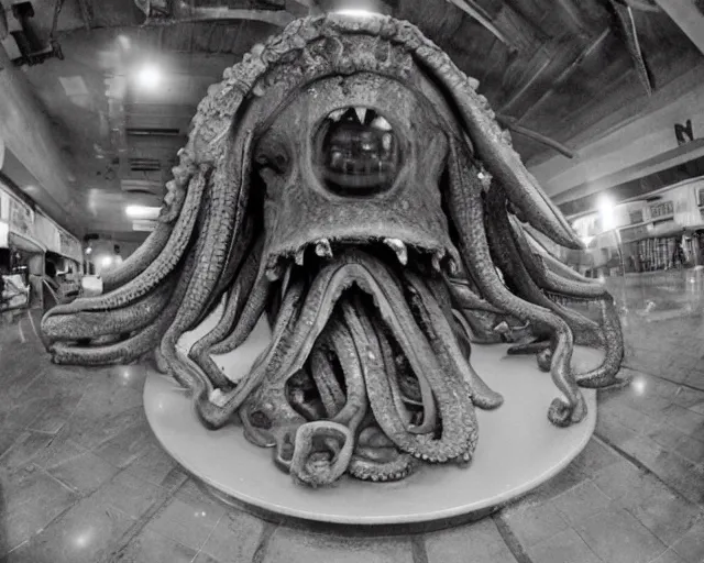 Image similar to camera footage of a extremely aggressive Giant mutated Octopus with glowing white eyes, False Human Features, in an abandoned shopping mall, Psychic Mind flayer, Terrifying, Metal Slug Aliens, Ronald McDonald :7 , high exposure, dark, monochrome, camera, grainy, CCTV, security camera footage, timestamp, zoomed in, Feral, fish-eye lens, Fast, Radiation Mutated, Nightmare Fuel, Ancient Evil, Bite, Motion Blur, horrifying, lunging at camera :4 bloody dead body, blood on floors, windows and walls :5