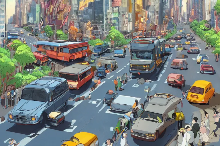 Image similar to catbus stuck in new york traffic jam. 4 k digital paint by studio ghibli hayao miyazaki. very sharp and detailed. trending on artstation and behance.