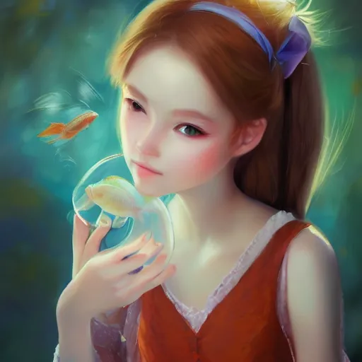 Prompt: Beautiful portrait of a young beautiful girl with goldfish eyes, in a romantic romantic setting on a painting by Miyazaki, artstation trending, painterly, 8k