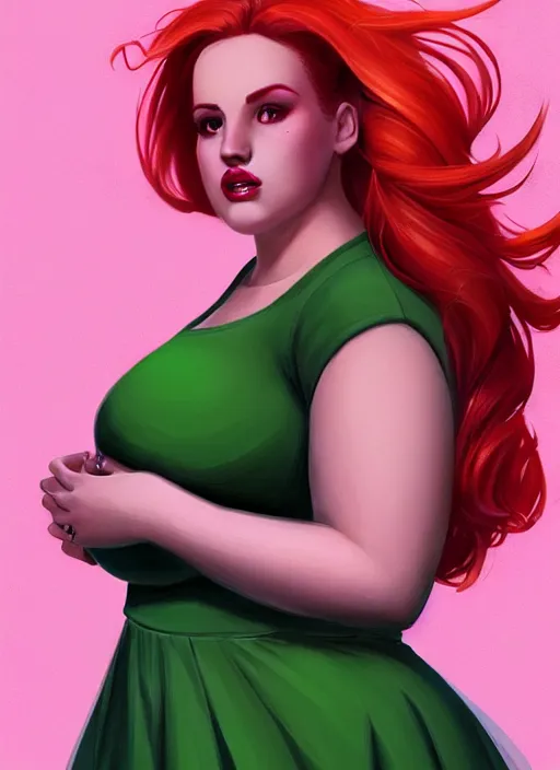 Image similar to full body portrait of teenage cheryl blossom, obese, bangs, green eyes, sultry, realistic, red hair, sultry smirk, wavy hair, pink skirt, fat, intricate, elegant, glowing lights, highly detailed, digital painting, artstation, concept art, smooth, sharp focus, illustration, art by wlop, mars ravelo and greg rutkowski