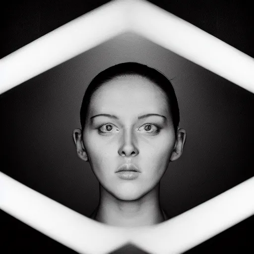 Prompt: hyperreal, face of the most beautiful girl in the world, medium shot, studio lighting, black and white, symmetry