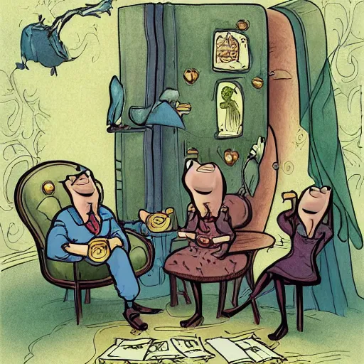 Image similar to a group of cartoon characters standing around a chair, a storybook illustration by tony diterlizzi, deviantart contest winner, gothic art, storybook illustration, official art, tarot card