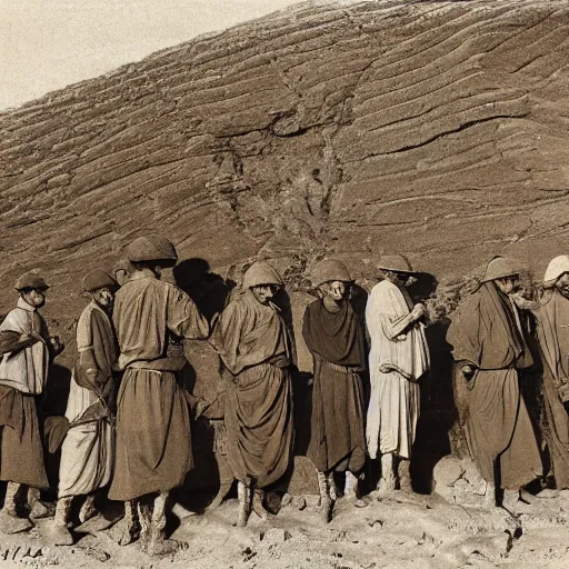 Image similar to ultra detailed photorealistic sepia - toned line drawing from 1 9 1 7, a small group of british soldiers standing with bedouin traders in traditional arab garb, at an archaeological dig site in wadi rum, ultra realistic, painted, intricate details, lovecraft, atmospheric, dark, horror, brooding, highly detailed, by clyde caldwell