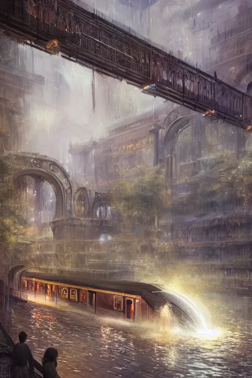 Image similar to An urban train rides inside of a waterway on a fantasy city, next to a fountain and a mystical palace,, waterfall, intricate, elegant, volumetric lighting, digital painting, highly detailed, artstation, sharp focus, illustration, concept art, ruan jia, steve mccurry