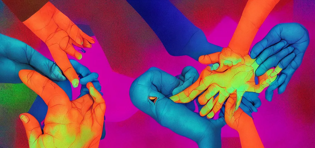 Image similar to xray of couple hands holding, colourful vfx art, art by hsiao, ron cheng, james jean, presented as magazine collage style, volumetric light, colourful, sharp, detailed, digital painting, illustration, illustration, magazine collage, highly detailed, intricate detail, unreal engine, octae render