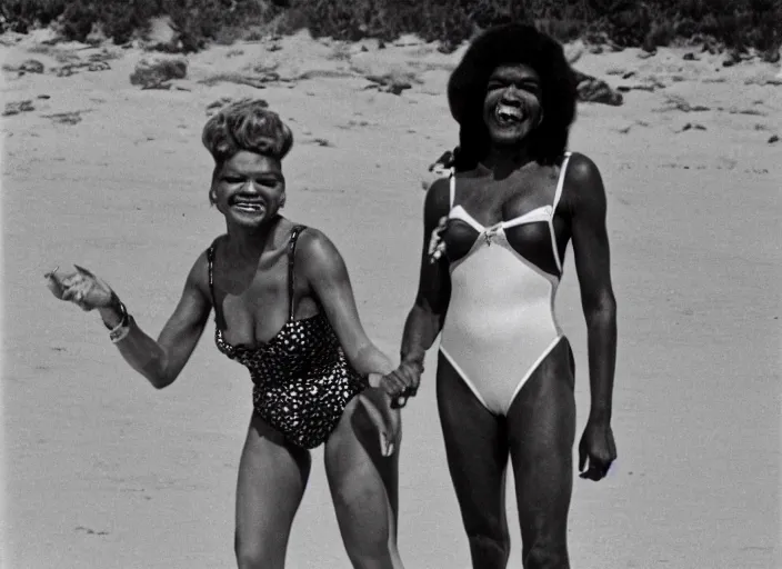 Image similar to polaroid eartha kitt in a leopard swimsuit and marsha p johnson in a pink swimsuit laughing together on a beach