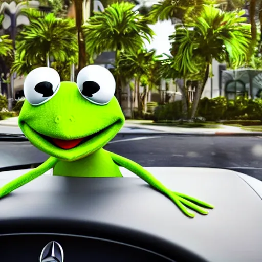 Image similar to a close up photo of a kermit the frog driving a mercedes, palm trees, close up, octane render, unreal engine, hyperdetailed