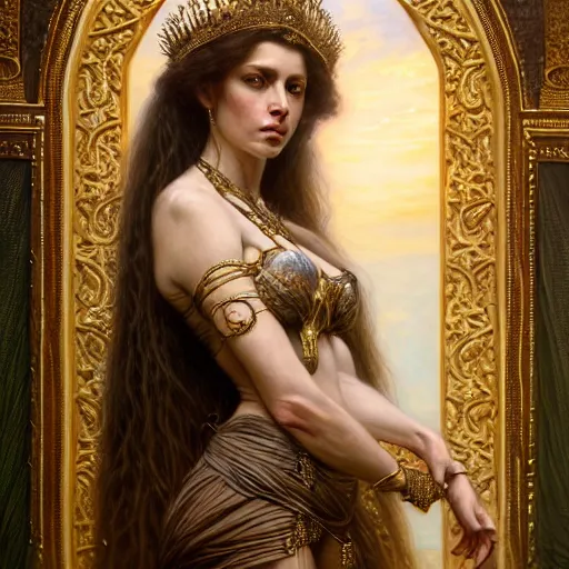 Image similar to highly detailed portrait of a majestic lioness queen in the form of a beautiful woman. d & d. art by donato giancola, franz xaver winterhalter, luis royo, bastien lecouffe - deharme. trending on artstation, intricate details, energetic composition, golden ratio, concept art, illustration, elegant art, global illuminaition