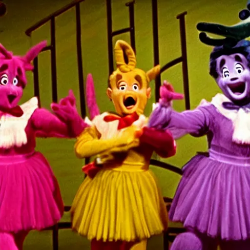 Image similar to A musical comedy in technicolor with Gene Kelly featuring the Teletubbies