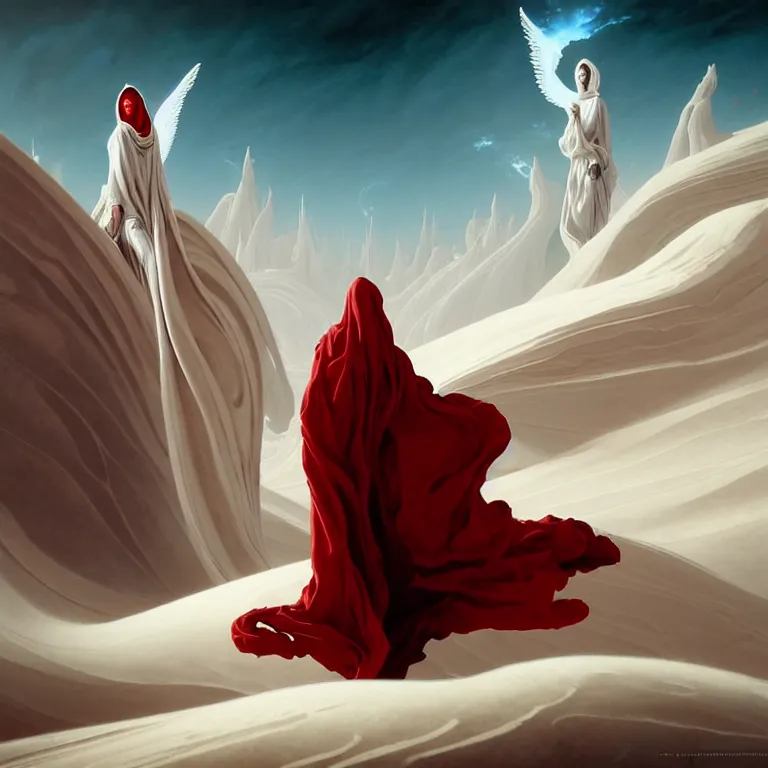 Image similar to one lone singular swirling otherworldly angelic figure shrouded in red robes emerges from extensive barren white dunescape, matte painting by peter mohrbacher and filip hodas, background basilica sacre coeur, godrays, high contrast, highly detailed, a