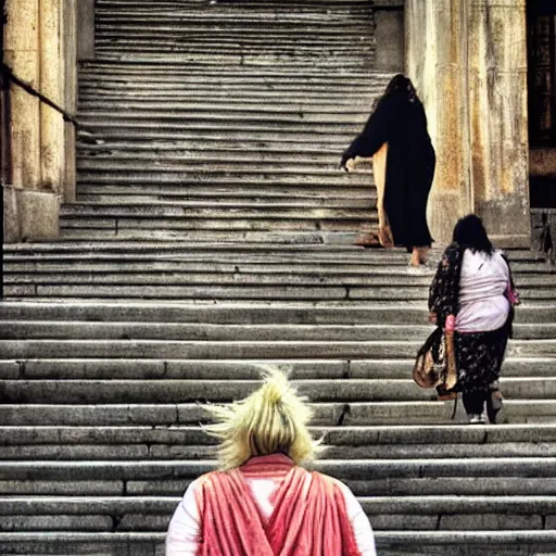 Prompt: a blonde woman with a fat Indian woman holding a rollator on steps in Porto, greg rutkowski