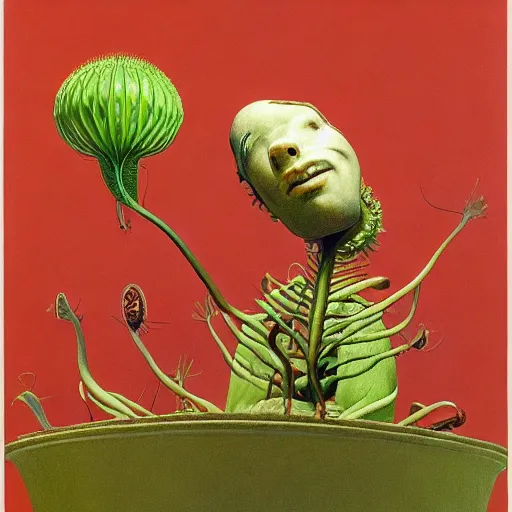 Image similar to Portrait of a Venus Flytrap Guy Venus Flytrap disguised as a human standing atop a red clay pot salvador dali octavio ocampo jacek yerka winslow homer norman rockwell inio asano prismacolor tombow quill