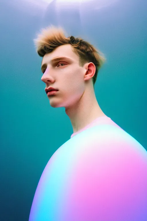 Prompt: high quality pastel coloured film mid angle portrait photograph of a beautiful young 2 0 year old male, soft features, short hair, perspex face visor and oversized inflated clothing!!!! icelandic black! rock pool environment. atmospheric three point light. photographic. art directed. ( pastel colours ). volumetric. clearcoat. waves. 8 k. filmic.