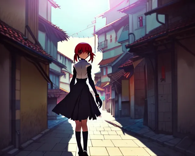 Image similar to anime still frame portrait of a young female walking through a busy medieval village, dynamic pose, dynamic perspective, detailed silhouette, cel shaded anime, ilya kuvshinov