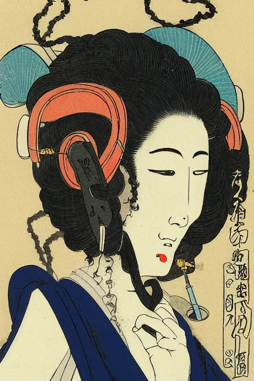 Image similar to a goddess with headphones enjoying music and smoking a cigarette, in a silent disco rave, by katsushika hokusai, by ralph steadman, storybook illustration, cool color palette, in a symbolic and meaningful style, single figure