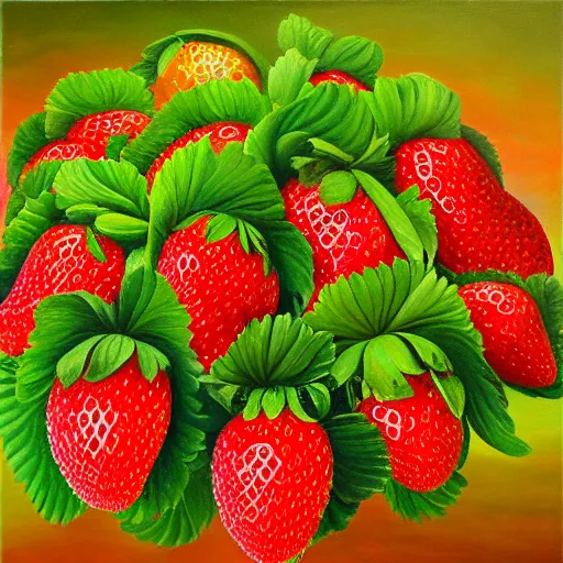 Image similar to a surreal oil painting of a strawberry plant with giant strawberrys, album cover, bright colors