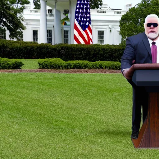 Image similar to realistic photo of scott steiner standing behind the podium during a press conference at the white house rose garden