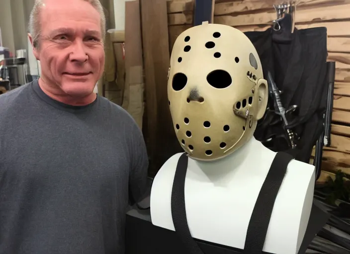 Prompt: qvc as seen on tv showcase of jason voorhees mask, studio lighting, limited time offer, graphics $ 9 9 call now