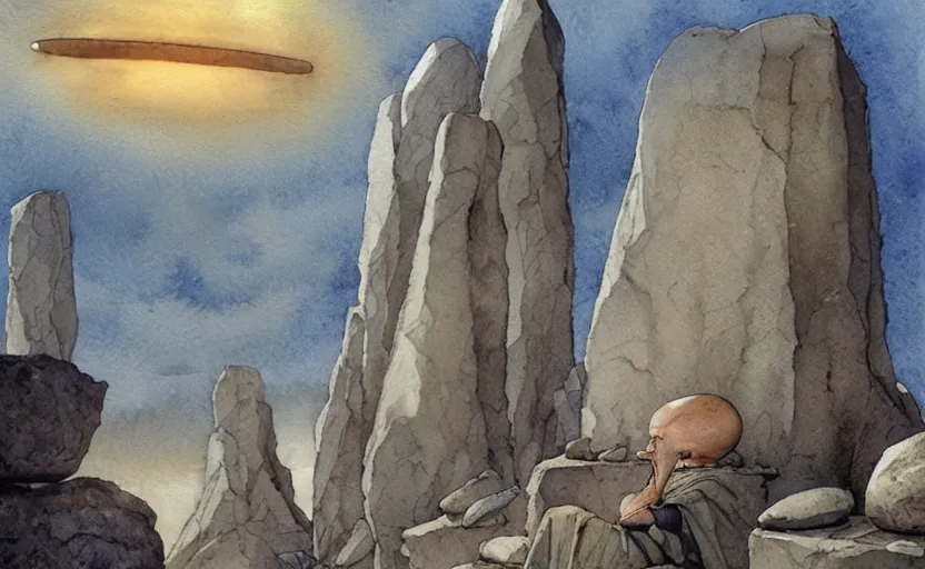 Image similar to a hyperrealist watercolor fantasy concept art of giant monk with a long forehead in grey robes sitting in stonehenge. several large stones are floating in the air. in the background a ufo is in the sky. by rebecca guay, michael kaluta, charles vess