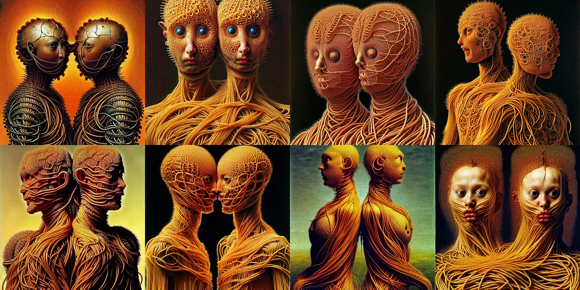Prompt: fully featured siamese twins made of spaghetti, intricate armor made of fractals of spaghetti, by giuseppe arcimboldo and ambrosius benson, renaissance, a touch of beksinski, realistic, high definition