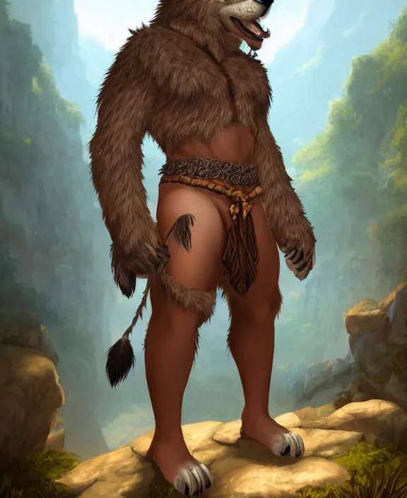 Image similar to burly tough character feature portrait of the anthro male anthropomorphic wolf fursona animal person wearing tribal primitive caveman loincloth outfit belt standing in the entrance to the cave, center framed character design stylized by charlie bowater, ross tran, artgerm, makoto shinkai, detailed, soft lighting, rendered in octane